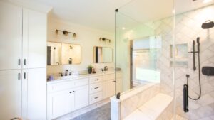 bathroom with white painted cabinets