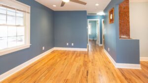 room with blue walls and hardwood flooring
