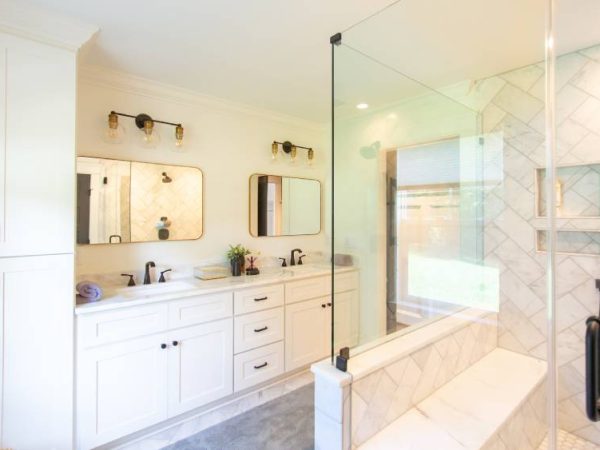 bathroom with white painted cabinets